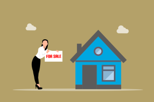 Flat-color illustration of What a Realtor Can Do or does as a woman or realtor holds a For Sale sign next to a simple house