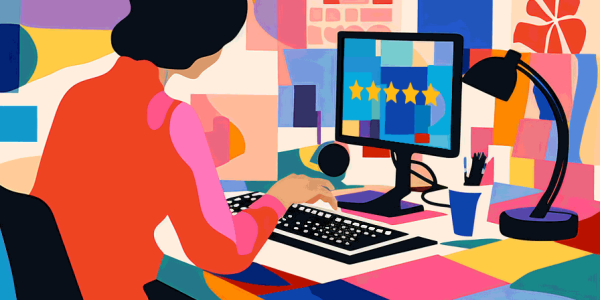 A dark-haired woman sitting at a computer that has five 5 stars on the screen colorful room mortgage lender reviews illustration for a mortgage calculator page