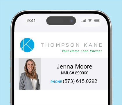 Jenna Moore loan officer with thompson kane & company in a mobile app screen shot