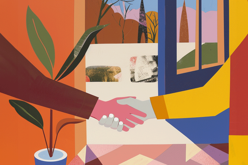 Image for an article about Local Mortgage Lending in a Competitive MarketA lender and a home buyer shaking hands in front of a scenic window view of a quaint colorful neighborhood
