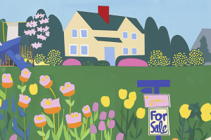 Increased Spring and Summer Home Buying blog article illustration depicting a colorful house with big green lawn and tulips in a bright abstract style