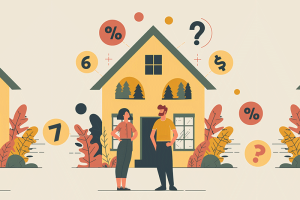 Color illustration of a couple in front of a house with numbers and dollar and percent symbols for article about whether now is the right time to buy a home