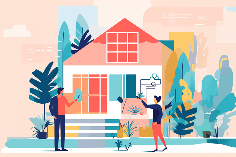 Colorful illustration of two people in front of their home doing projects for article on The Joy of Homeownership: Celebrating National Homeownership Month