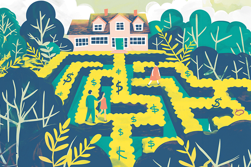 Challenging Housing Market illustrated with a maze labyrinth leading a family to a house