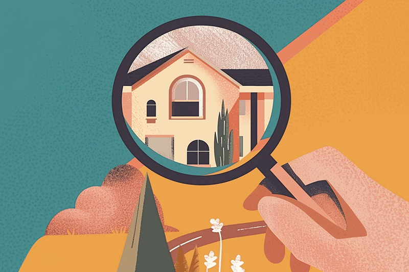 Illustration for A Guide to Find A Home in a Tight Market of a hand holding a magnifying glass looking at a nice looking house