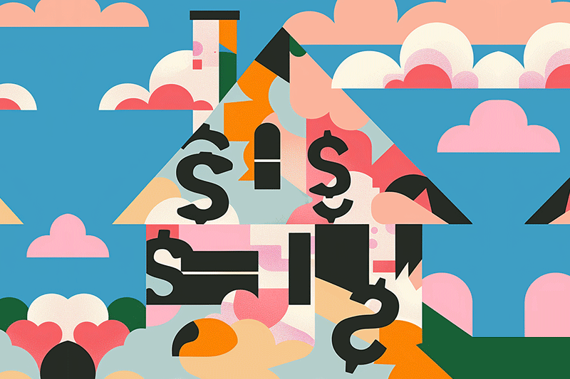 Colorful house graphic with bold dollar signs and shapes composing the house to illustrate article about Property Tax Questions