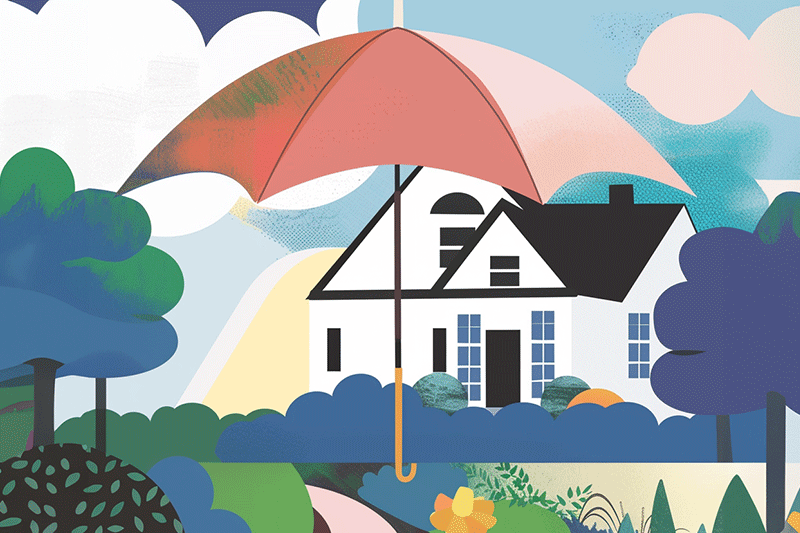 Illustration of a nice house with a giant umbrella above protecting it for blog post about homeowner's insurance and Private Mortgage Insurance (PMI)