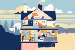 End-of-summer-maintenance-Checklist-Illustration of cross-section view of a house being worked on by multiple contractors with clean brightly colored graphic style