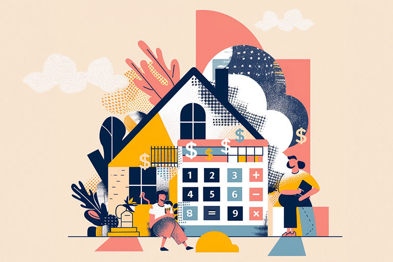 Vector illustration of a house, a couple, calculator, numbers, dollar signs for article on Refinancing: When and Why It Makes Sense for You