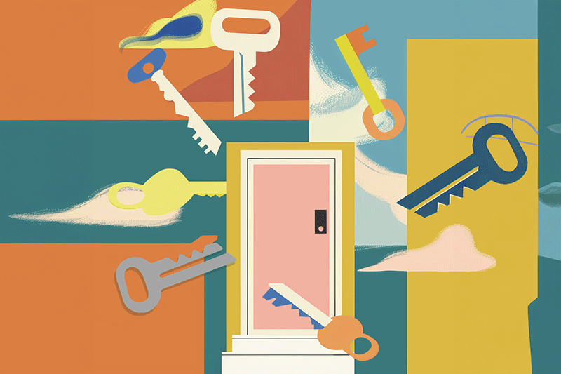 Illustration of different colored keys pointing to a door representing various answers to How Much one might Need for a Down Payment on a home