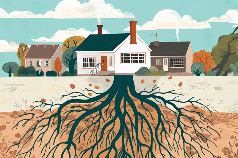 Why mortgage debt article Image of house with massive roots growing int the earth below