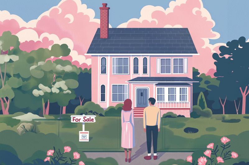 A couple in front of a very fancy house for top mistakes first-time homebuyers make blog article, a colorful illustration