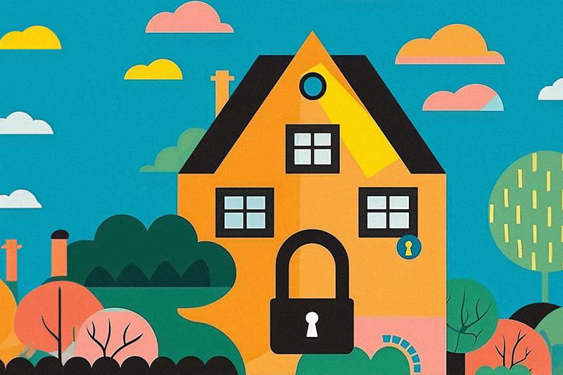 Illustration of a simple nice house with a padlock for a door for an article on Mortgage Rate Lock Strategies: When and Why to Lock Your Rate