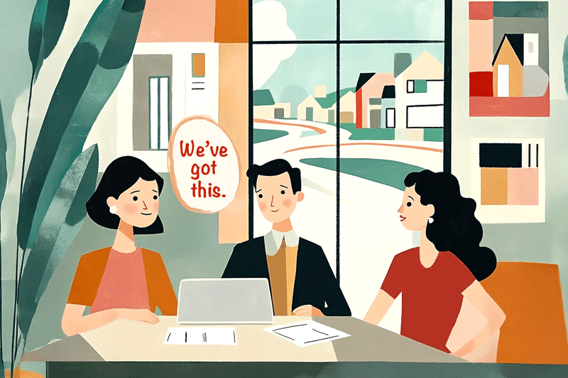 Save for a Down Payment 2025 article illustration couple with laptop facing loan officer lady in conference room with large window mortgage loan companies blog post