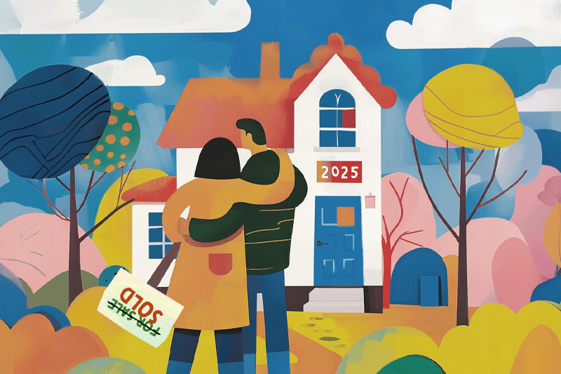 Ready to buy a home couple for blog article simple illustration of a couple looking at a house with a for sale sign that says sold