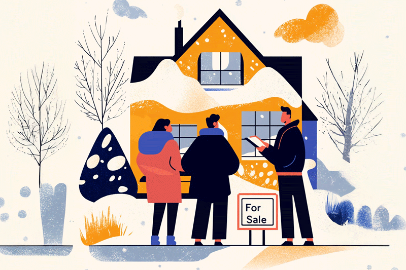 Image of two people looking at a house covered with snow with an inspector for article on how to Make the Most of Winter House Hunting