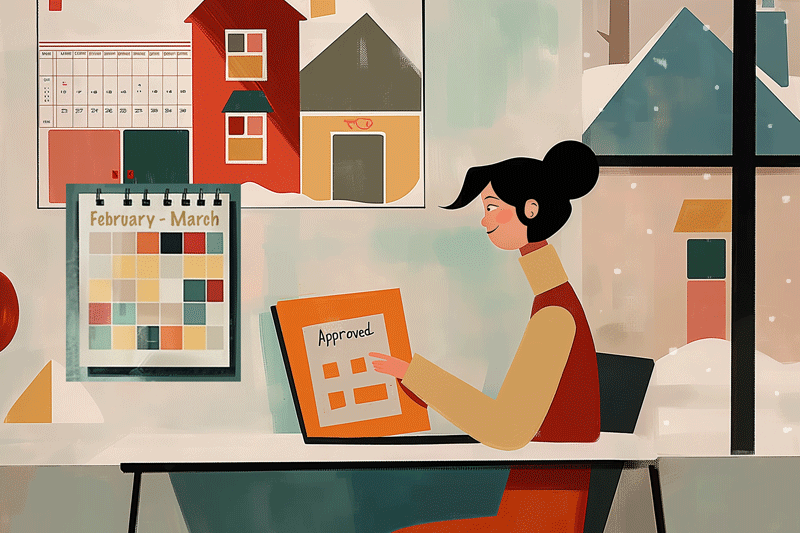 Illustration of woman at a table shopping for house in winter article on benefits of Buying a Home Before Spring Rush