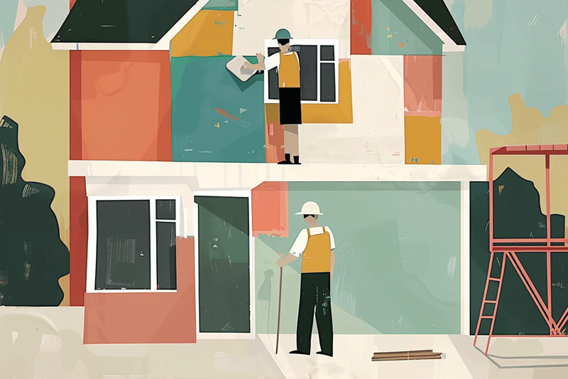 Home Improvement loans house illustration two construction workers working on front of a house